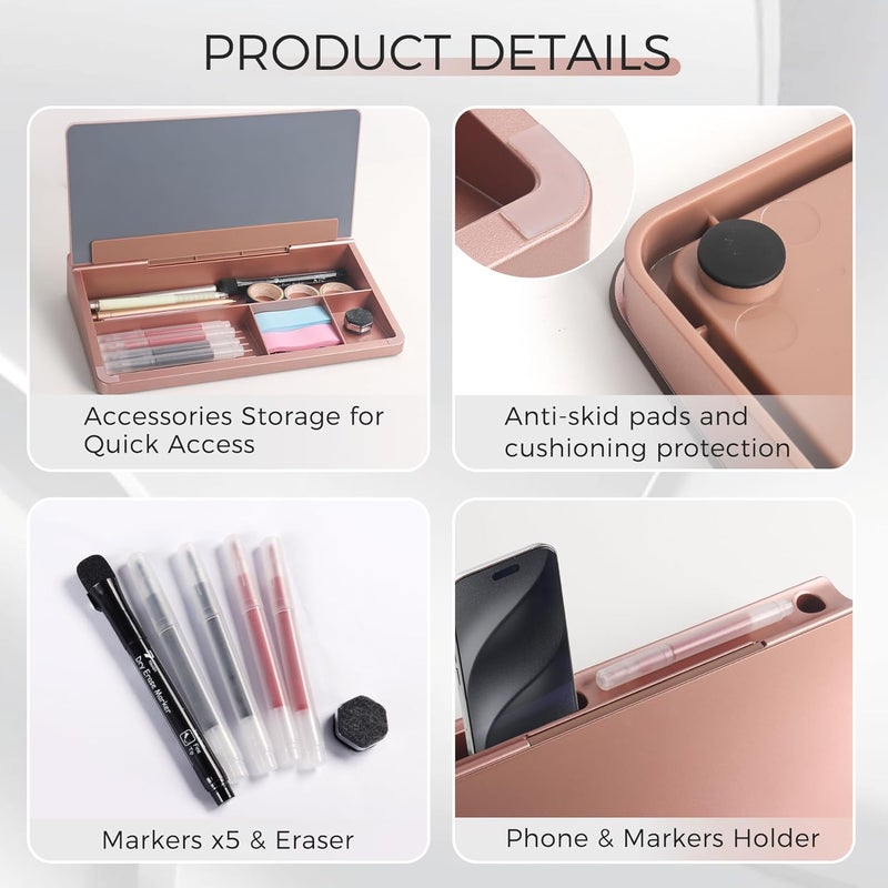 TOWON Small Compact Glass Desktop Whiteboard with Storage – 12 x 7 in Dry Erase Board for Desk, Home Office, School | Includes 5 Markers, Eraser & Holder | Space-Saving Organizer, Aesthetic Rose Gold - Image 3